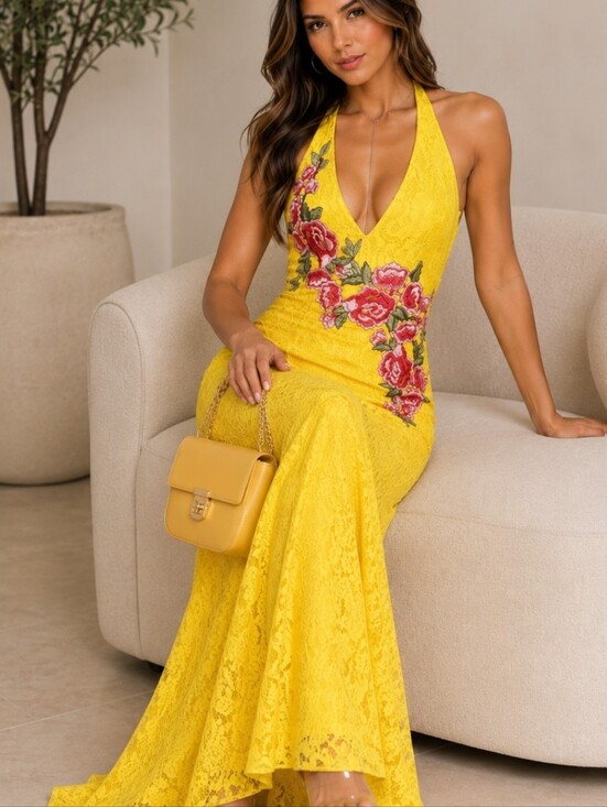 MANIJU Dresses & Skirts - Yellow Floral Lace Halter Maxi Dress